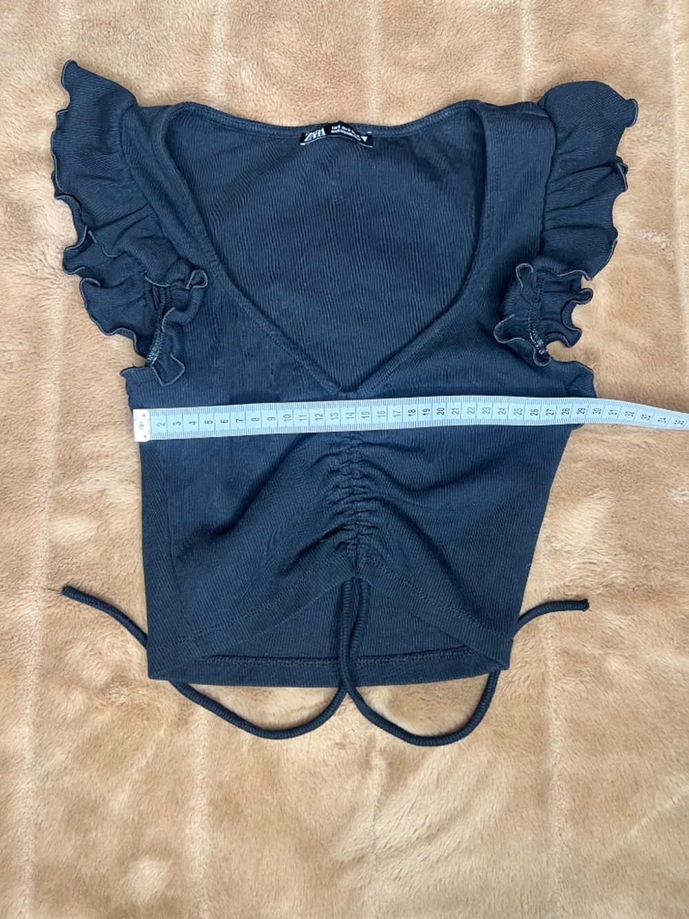 Zara Black Ruffle Sleeve Ruched Crop Top – Size Small - Picture 4 of 5